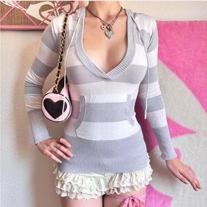 Beautiful Striped Gray and White V-Neck Hooded Sweater, size S